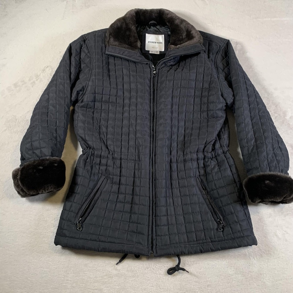 Andrew Marc Jacket Womens Small Black Quilted Faux Fur Thermoloft Insulated Warm